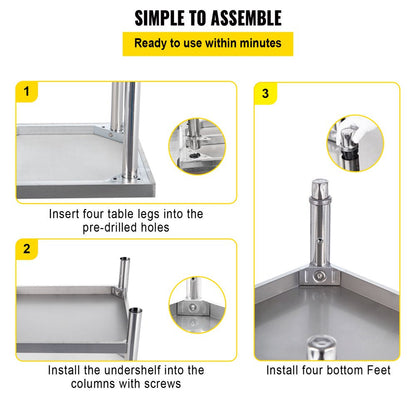 Stainless Steel Prep Table, 30 X 24 X 35 Inch, 440Lbs Load Capacity Heavy Duty Metal Worktable with Backsplash and Adjustable Undershelf, Commercial Workstation for Kitchen Restaurant