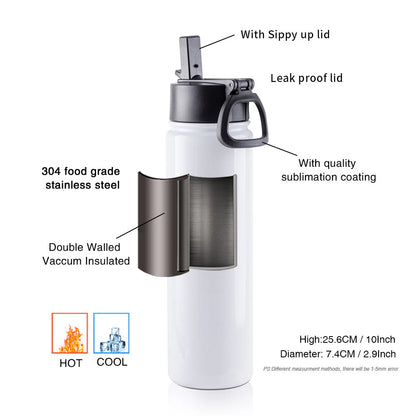 Wholesale 22 OZ Sublimation Insulated Water Bottles White with Wide Mouth Handle Cap and Straw 25 Pcs(Shipping from China)