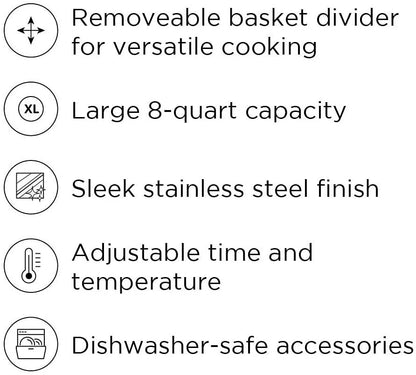 Turbo Fry Stainless Steel Air Fryer with Basket Divider, 8 Quart