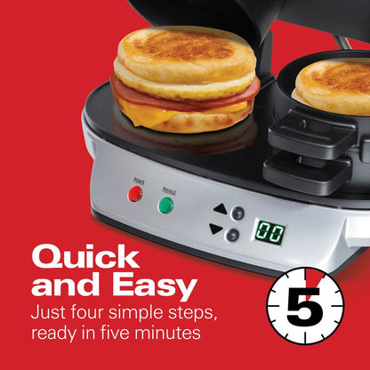 Dual Breakfast Sandwich Maker with Timer, 2 Sandwich Capacity, Silver, 25490