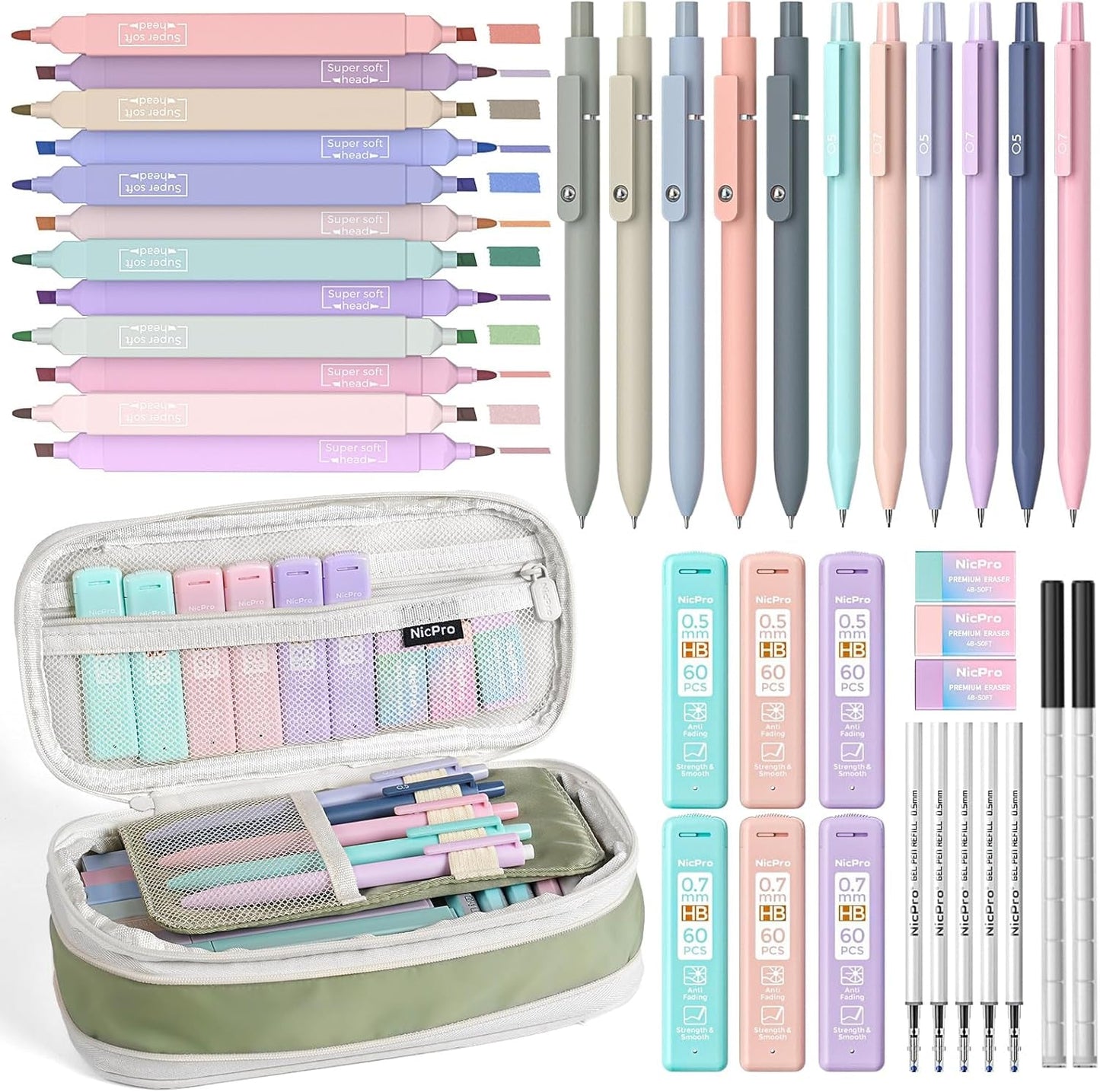 Nicpro 39 PCS Aesthetic School Supplies with Cute Pencil Case, 12 Color Pastel Highlighters, 5 Quick Dry Retractable Black Ink Pens, 6 Pastel Mechanical Pencil 0.5 & 0.7 Mm for Student Stationary