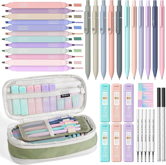 Nicpro 39 PCS Aesthetic School Supplies with Cute Pencil Case, 12 Color Pastel Highlighters, 5 Quick Dry Retractable Black Ink Pens, 6 Pastel Mechanical Pencil 0.5 & 0.7 Mm for Student Stationary