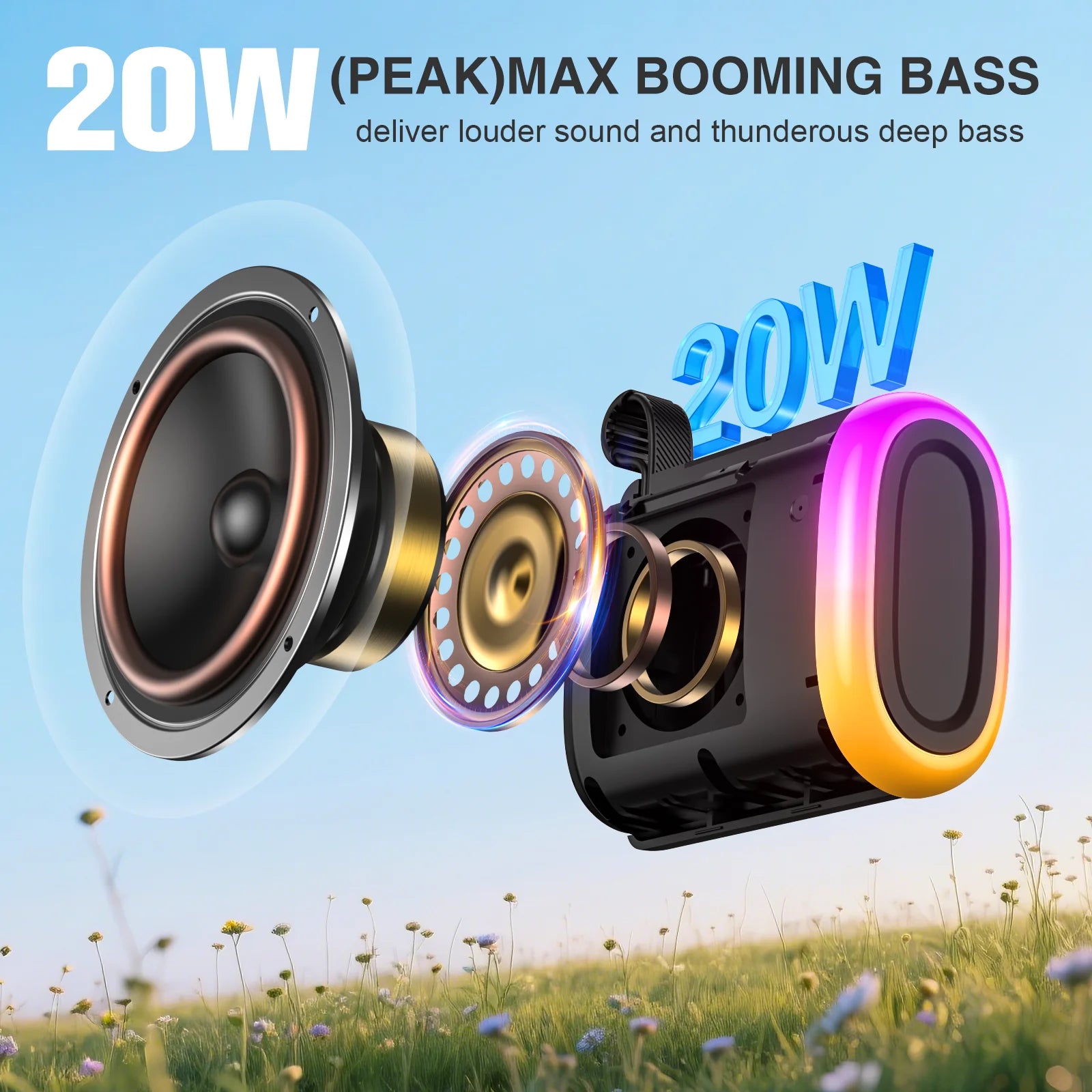 20W Portable Bluetooth Speaker with Stereo Sound, IPX7 Waterproof Wireless Speakers, 6 RGB LED Modes, up to 40H Playtime, BT5.3, TWS Pairing, for Home/Bathroom/Party/Outdoor/Beach, Gift Ideals