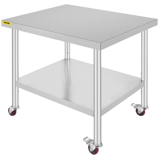 brand 30X36X34 Inch Stainless Steel Work Table 3-Stage Adjustable Shelf with 4 Wheels Heavy Duty Commercial Food Prep Worktable with Brake for Kitchen Prep Work