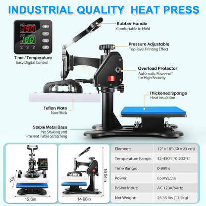 Shirt Press Machine 12X10, Swing Away Heat Press Machine for T Shirts Printing Machine, High-Security HTV Vinyl Heat Press for Sublimation T Shirt Pillow Bag Ceramic Heat Transfer Printer