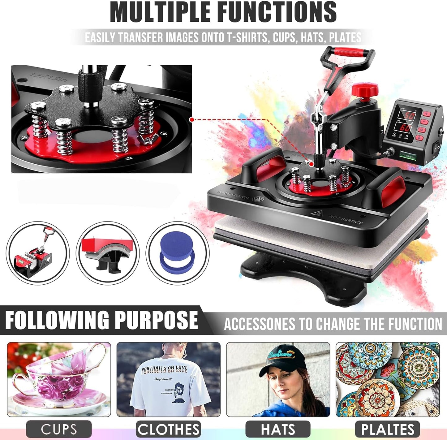 8 in 1 Heat Press Machine Professional Sublimation Machine 15" X 12" Swing Away Shirt Printing Heat Transfer Digital Industrial-Quality Heat Press Machine for T Shirts Mug Hat Plate