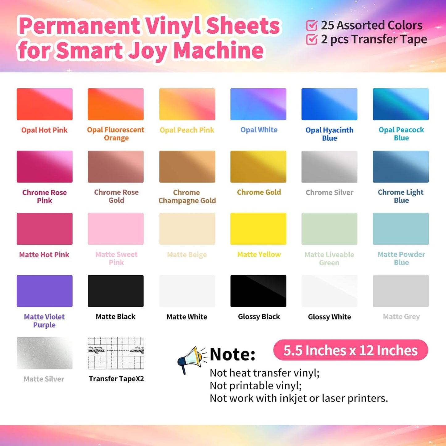 5.5"X12" Smart Adhesive Vinyl 25 Colors Holographic Chrome, Matte & Glossy Permanent Vinyl Bundle & 2 PCS Transfer Tape - No Need Cutting Mat- Compatible with Joy Machine for Handcrafts