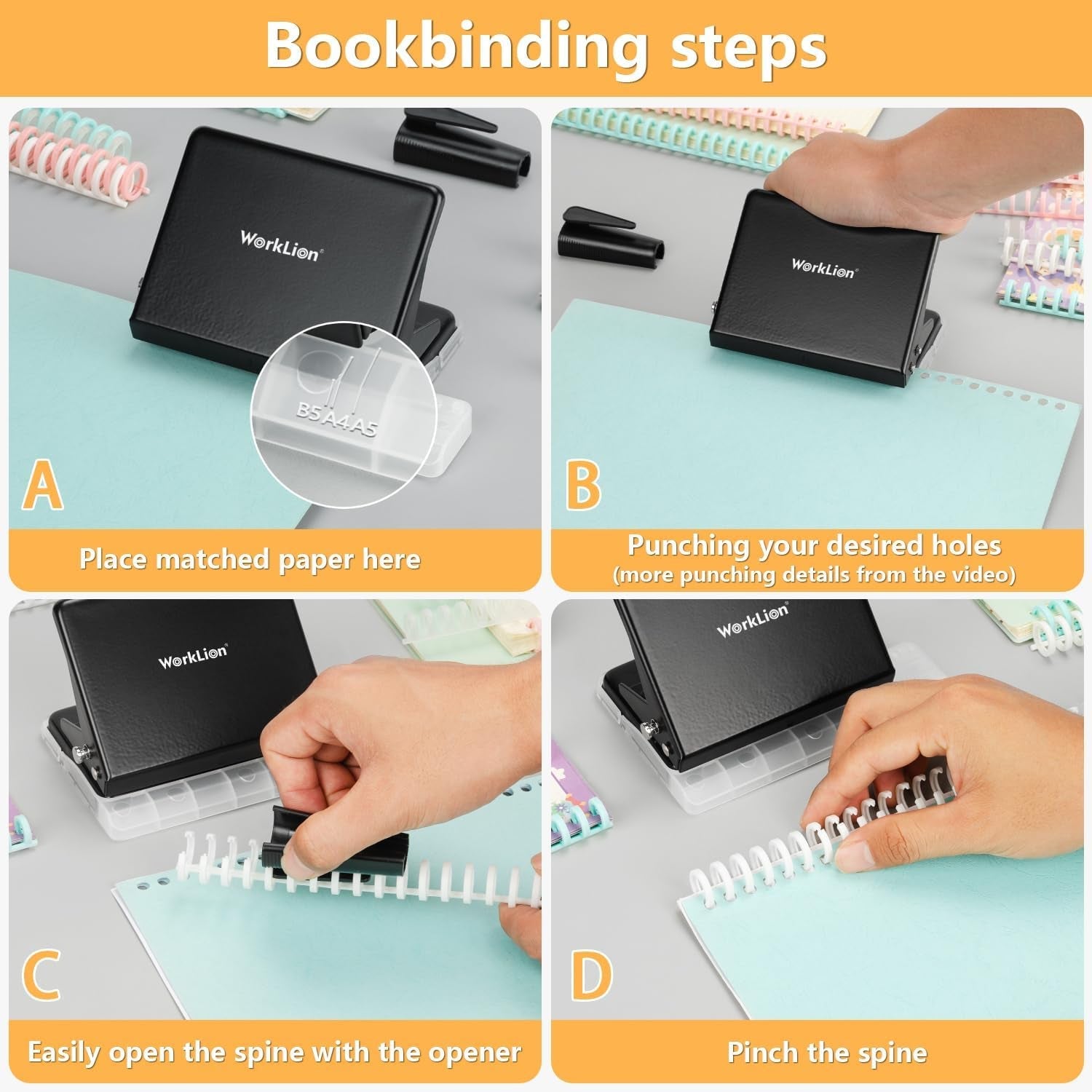 Binding Machine for Planner： WORKLION Metal 10 Hole Punch&Multi Color 30 Hole Loose Leaf Binder Rings(10 Pcs) for Making 26 Holes on B5 Paper, 30 Holes on A4, 20 Holes on A5 Book, Black
