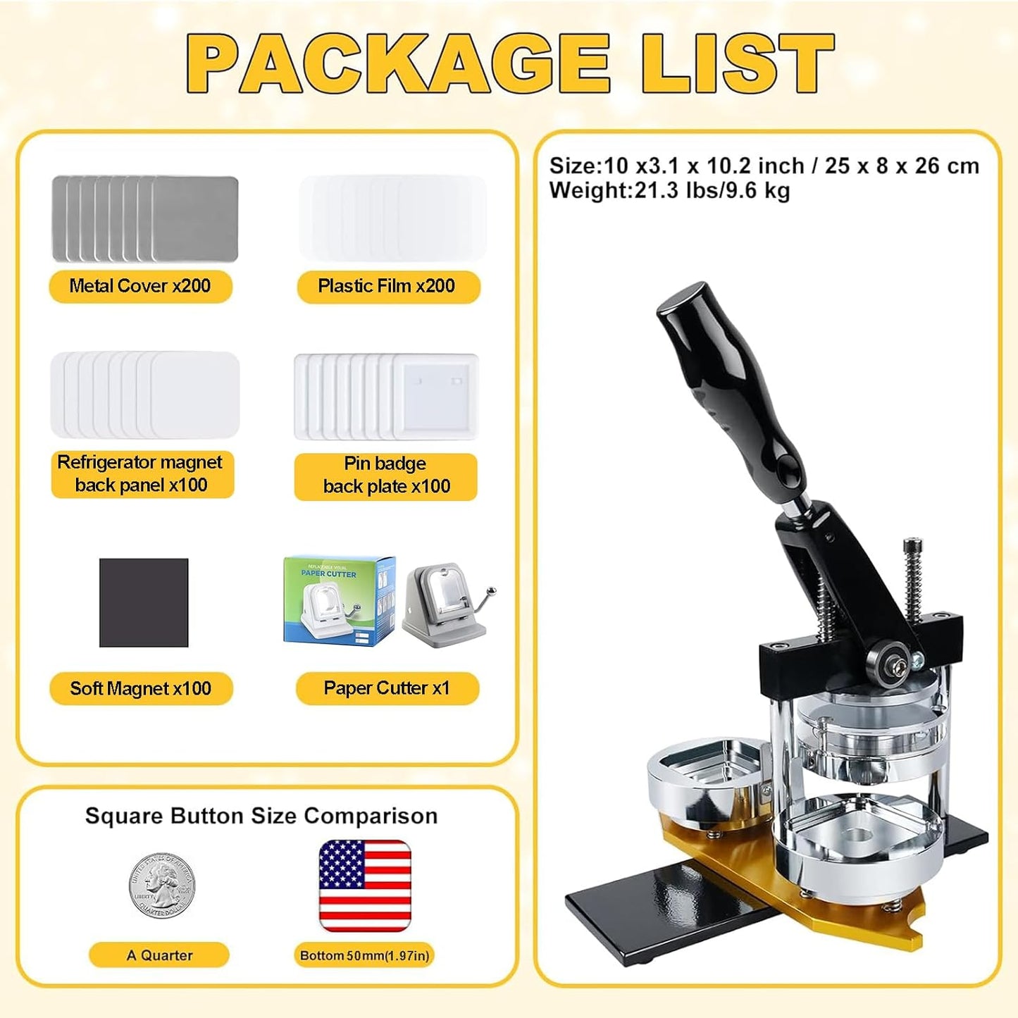 2X2 in Magnet Maker Machine Square, 50X50Mm Square Refrigerator Photo Badge Press with Light-Duty Paper Cutter +200 Sets Supplies + 100Pcs Photo Paper, for Small Business, Craft Lovers, DIY Gifts