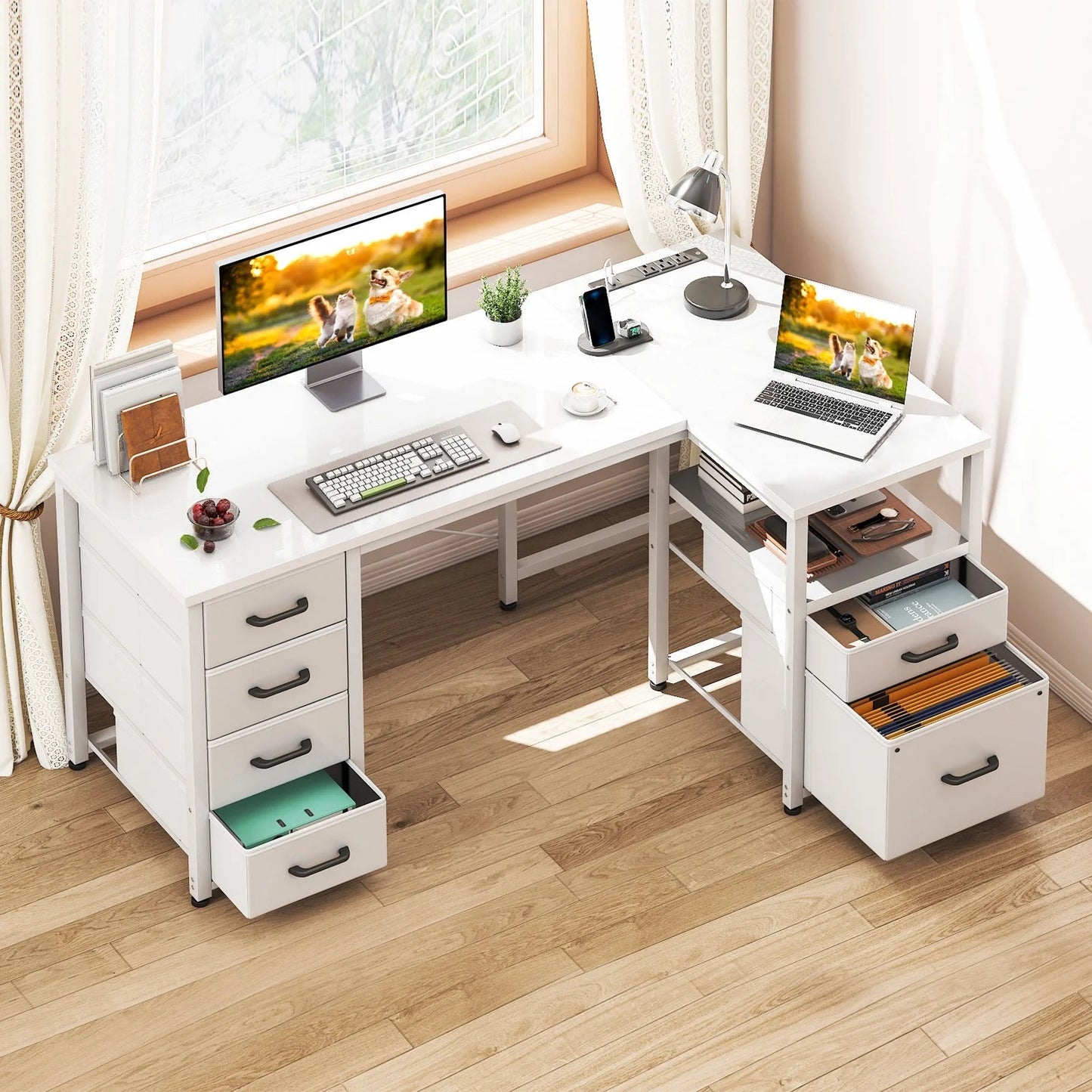 55 Inch Computer Desk with 5 Drawers and File Cabinet for Storage, Office Desk with Storage Shelf & Power Outlets, Home Office Desks, White