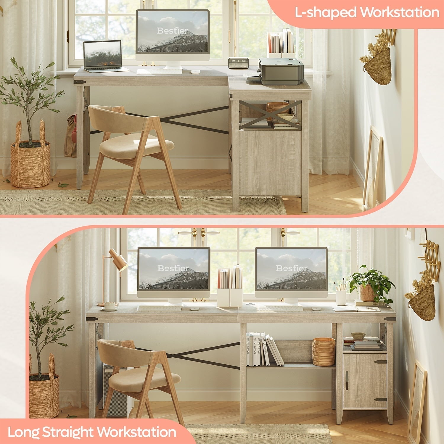 Farmhouse Desk 60" L-Shaped Computer Desk with Cabinet for Home Office , Wash White