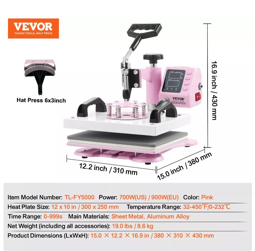 VEVOR Heat Press Machine 2IN1 12x10 inch with Hat Press for T-Shirts Caps Pink