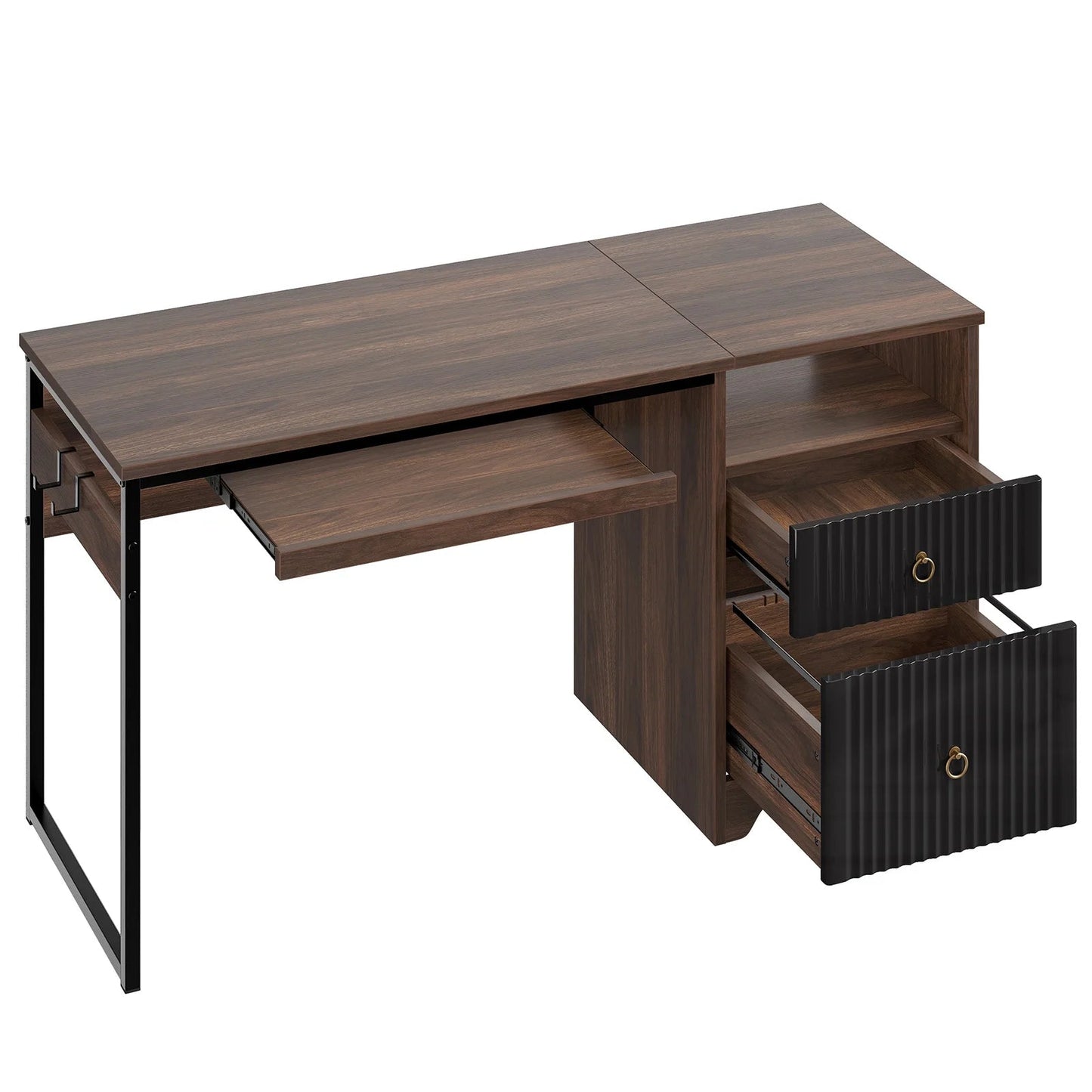 55 Inch Office Desk with Drawers, Keyboard Tray, 2 Hooks, Modern Fluted Computer Desk for Home, Walnut