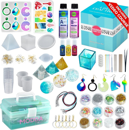 MODDA Epoxy Resin Kit with Video Course, Includes Color Pigment, Silicone Molds, Necklace Cord, Earring Hooks for Jewelry Making, Epoxy Resin Starter Kit for Beginners, Adults,Complete Craft Set