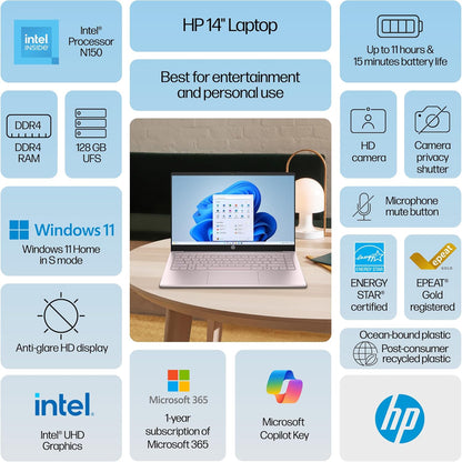 HP Laptop 2026 Edition with Copilot AI, 16GB RAM, 256GB SSD + 128GB UFS, Intel Processor, Long Battery Life, Lightweight, 1 Year Office 365, Windows 11 Home S for Students & Office, Type-C HUB, Pink