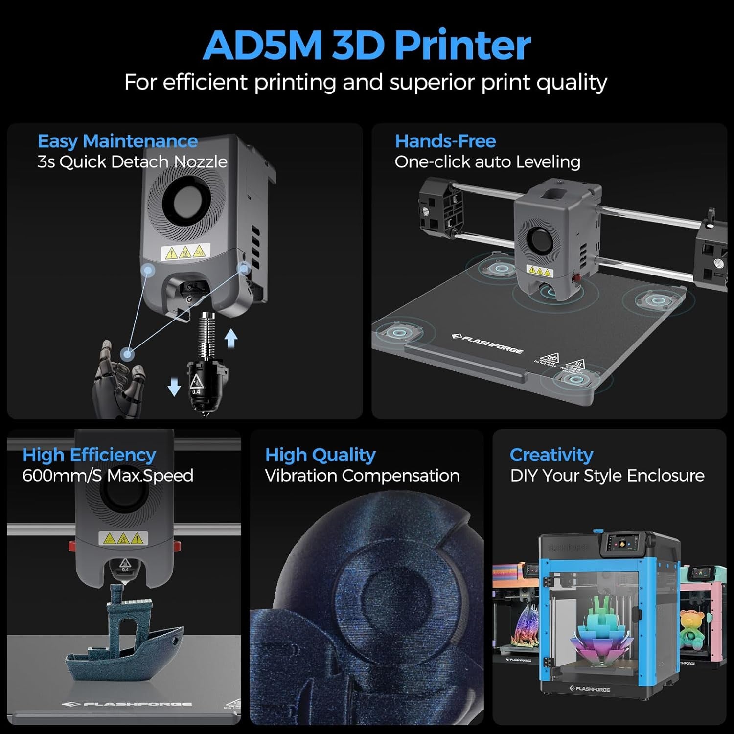 FLASHFORGE Adventurer 5M 3D Printer,600Mm/S Max High-Speed FDM 3D Printers with Fully Auto Leveling, 280°C Direct Extruder with Quick Detachable Nozzle, Effective Cooling, Core XY Structure