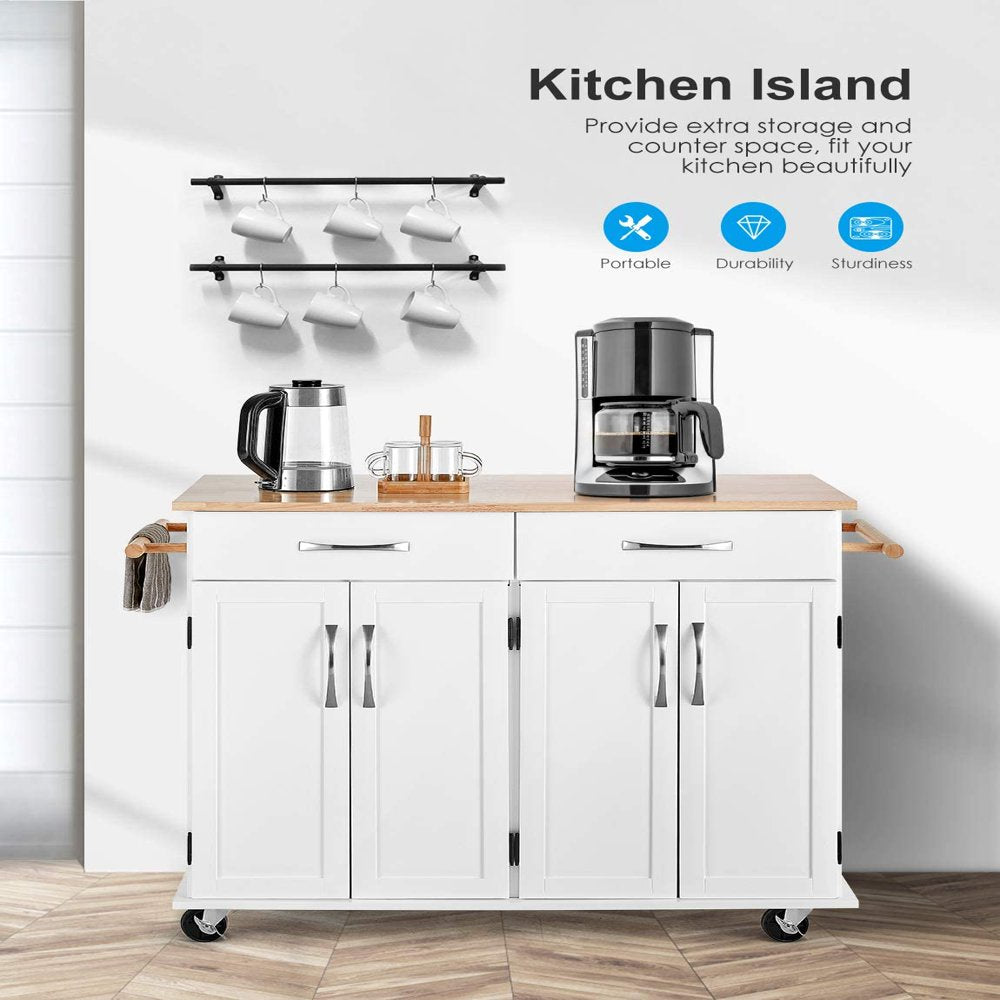 41'' Kitchen Island on Wheels, Rolling Island Cart with Lockable Casters, Handle Towel Rack and 2 Drawers, White