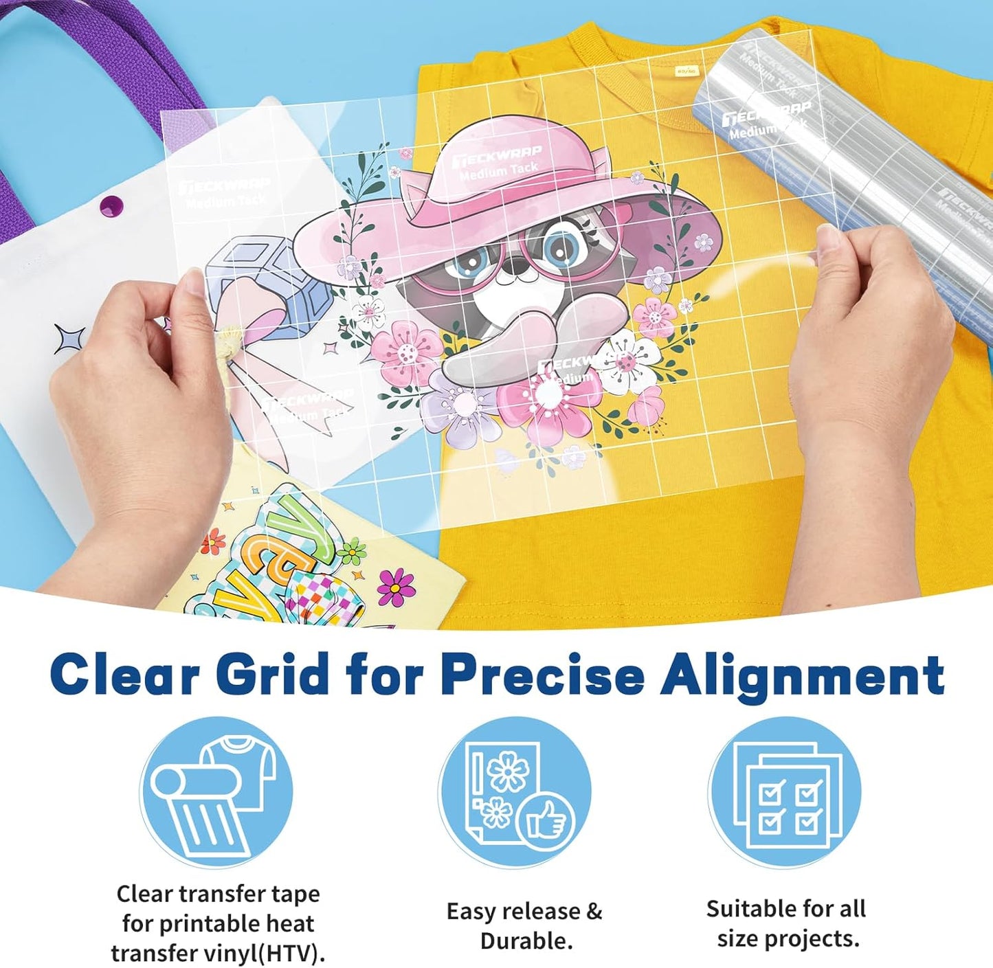 Clear Transfer Tape for Vinyl 12" X 30FT – Grid Alignment Transfer Tape for Permanent Vinyl, Printable HTV, Heat Transfer Mask, Iron-On Vinyl, Decals, Signs, Stickers, Craft Projects