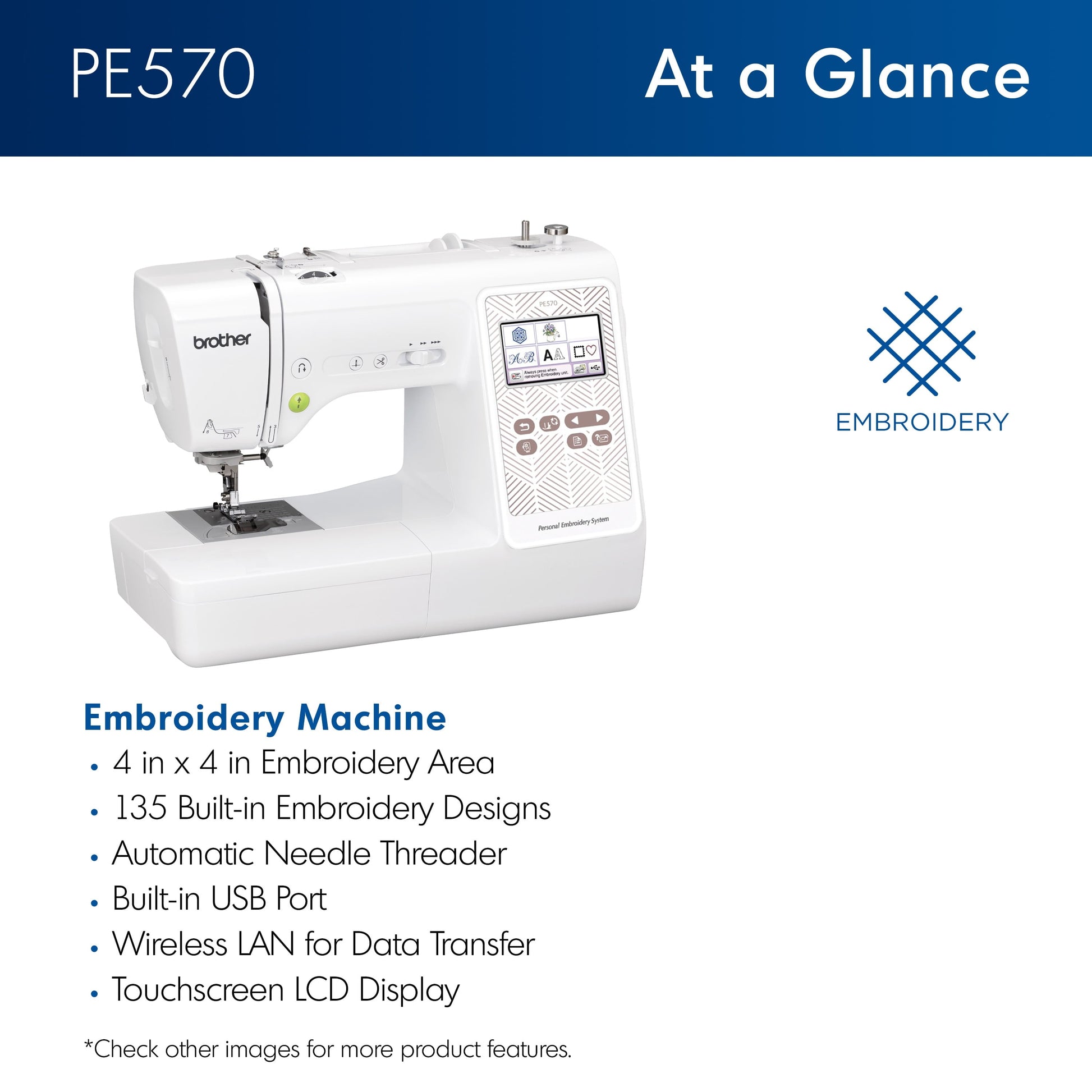 Brother PE570 Embroidery Machine with 135 Built-In Designs, Wireless Connectivity, and Artspira App Integration