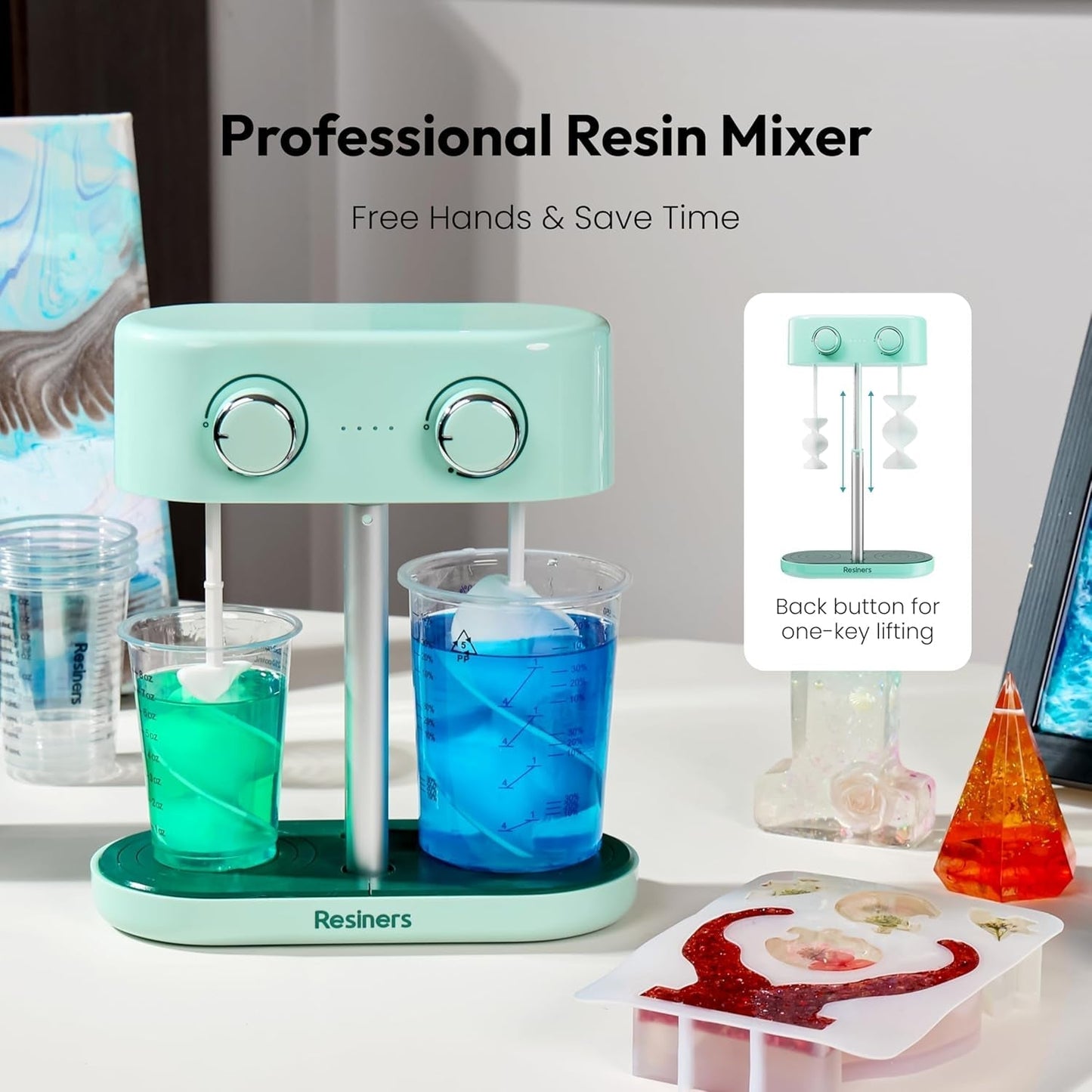 Dual-Head Resin Mixer with Spiral Silicone Paddles, Rechargeable Epoxy Mixer, Stepless Speed & Minimum Bubbles, Electric Stirrer for Resin,Silicone,Paint Mixing,Resin Tools,Diy Crafts