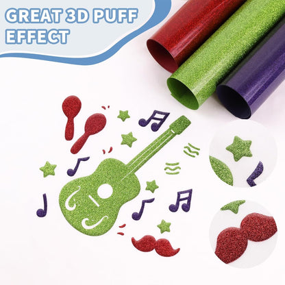 3D Puff Heat Transfer Vinyl, 9 Sheets 12" X 10" Glitter Foaming Puff HTV Vinyl, Puffy Iron on Vinyl for T-Shirts Clothes Compatible with Cricut Air or Maker