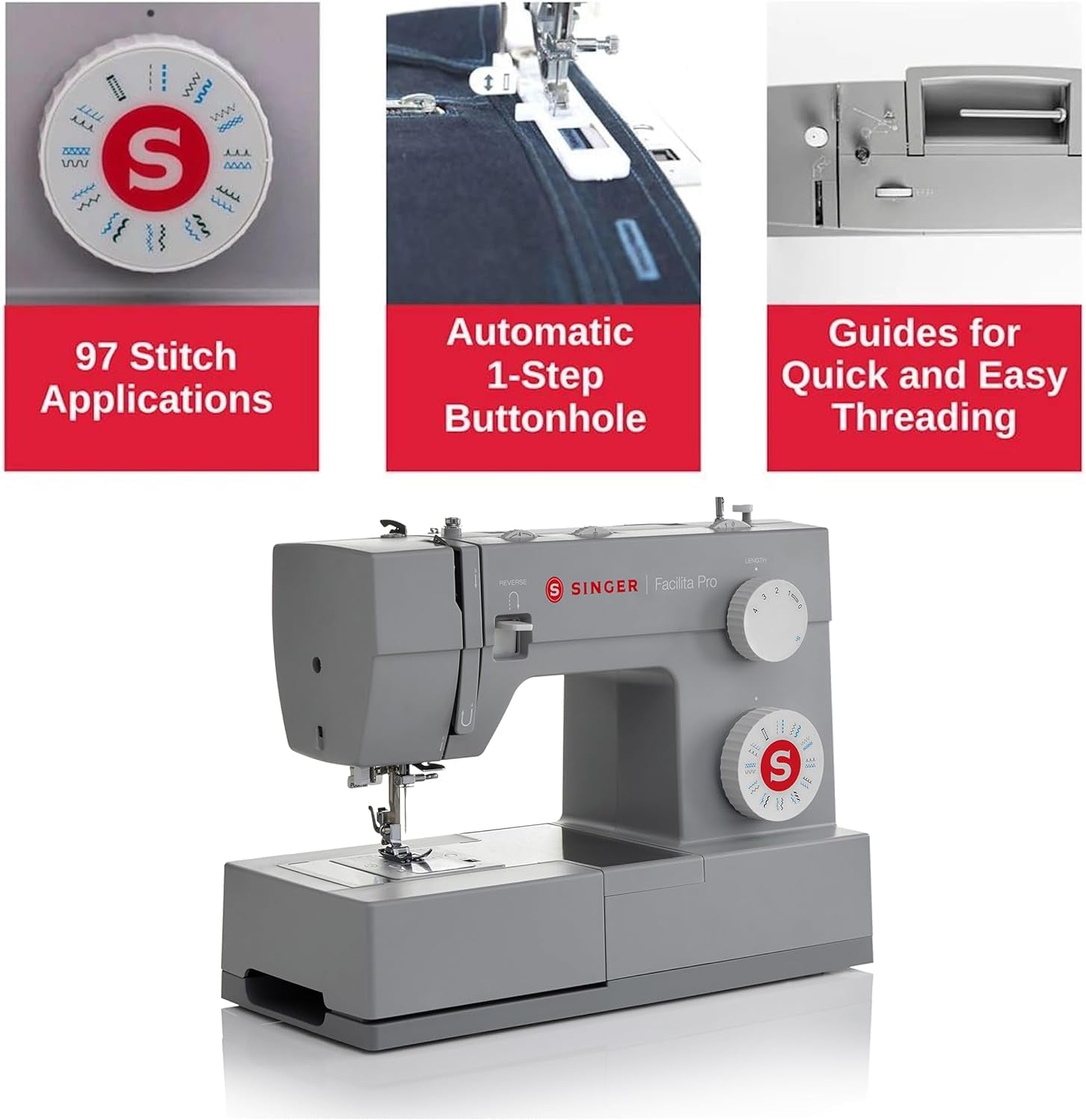 SINGER® 4423 (Grey) High Speed Heavy Duty Sewing Machine with Accessory Kit | 23 Stitches Deliver 97 Applications, 50% More Power for Denim and Canvas, 1100 Stitches/Min, Metal Frame, 1-Step Buttonhole