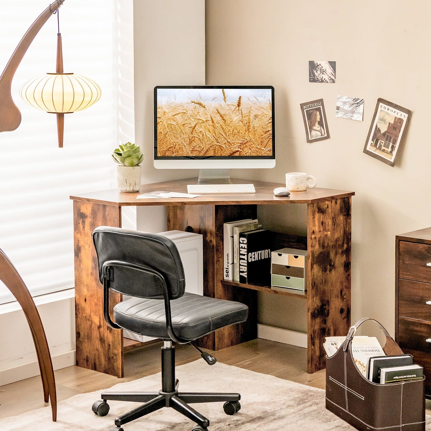 Corner Computer Desk Triangle Writing Workstation W/Storage Shelf Rustic