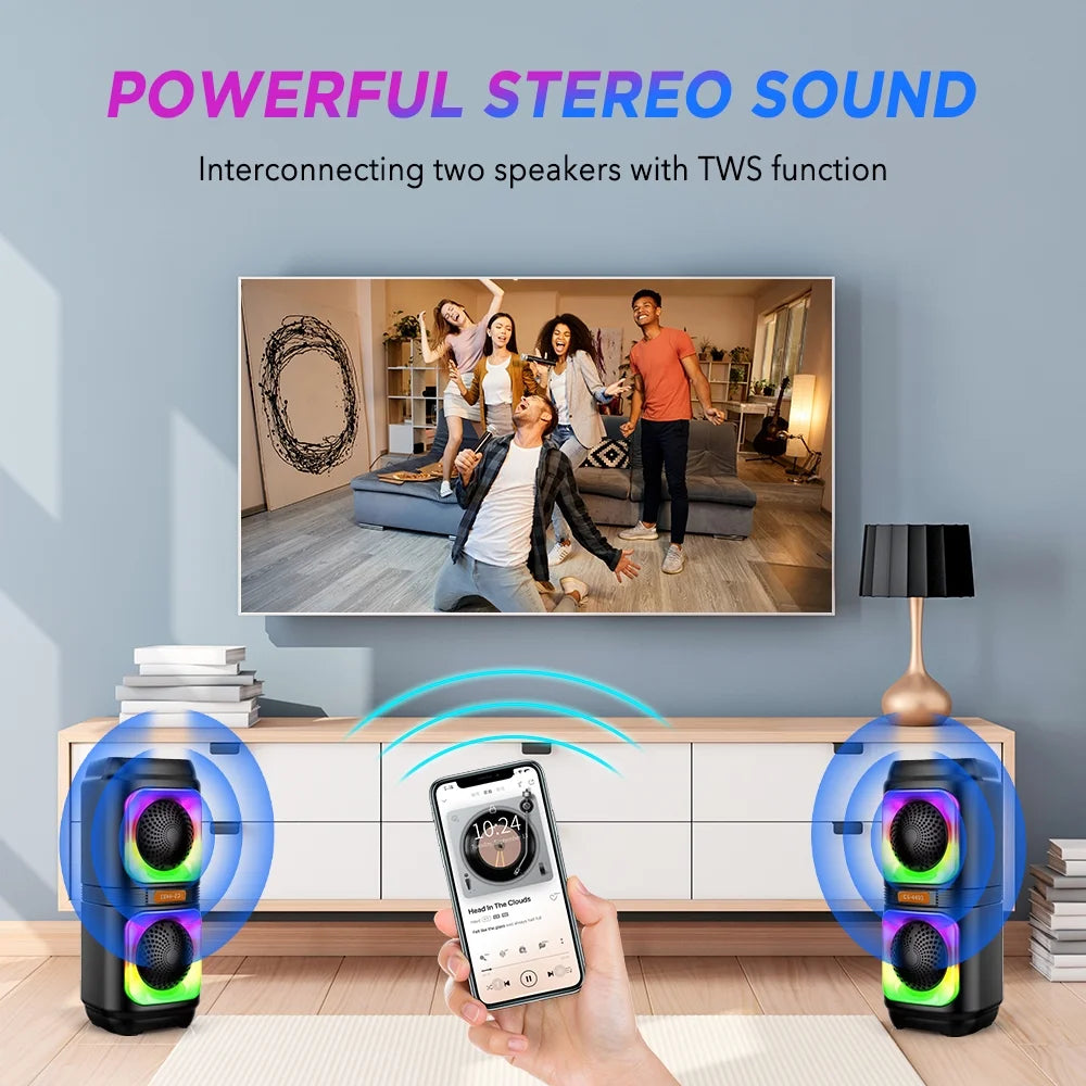 Portable Dual 4'' Speakers Bluetooth Speaker, Party Stereo Subwoofer RGB Lights Karaoke Heavy Bass with Mic (Optional),Support TWS/AUX/USB/TF Card Ideal for Party,Home,Camping