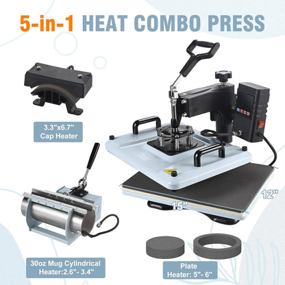 Heat Press Machine 12X15 Inch, 360° Swing Away 5 in 1 Heat Transfer Machine, Multifunctional Heat Transfer Press Machine with 30OZ Tumbler Attachment for Hat/Plate/T-Shirt/Mug, Blue