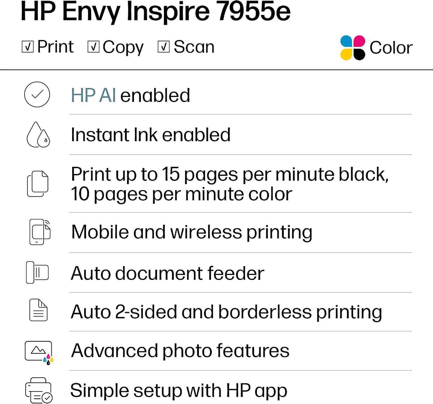 HP Envy Inspire 7955E Wireless Color Inkjet Printer, Print, Scan, Copy, Easy Setup, Mobile Printing, Best-For-Home, 3 Month Instant Ink Trial Included, Ai-Enabled (1W2Y8A)