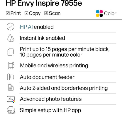 HP Envy Inspire 7955E Wireless Color Inkjet Printer, Print, Scan, Copy, Easy Setup, Mobile Printing, Best-For-Home, 3 Month Instant Ink Trial Included, Ai-Enabled (1W2Y8A)