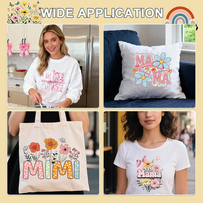 Dtf Transfers Ready to Press - 20Pcs Mother'S Day Iron on Transfers for Tshirts, Floral Mama Iron on Decals Patches, Flower Mama Heat Transfer Stickers for Clothes Pillows Bag DIY Crafts