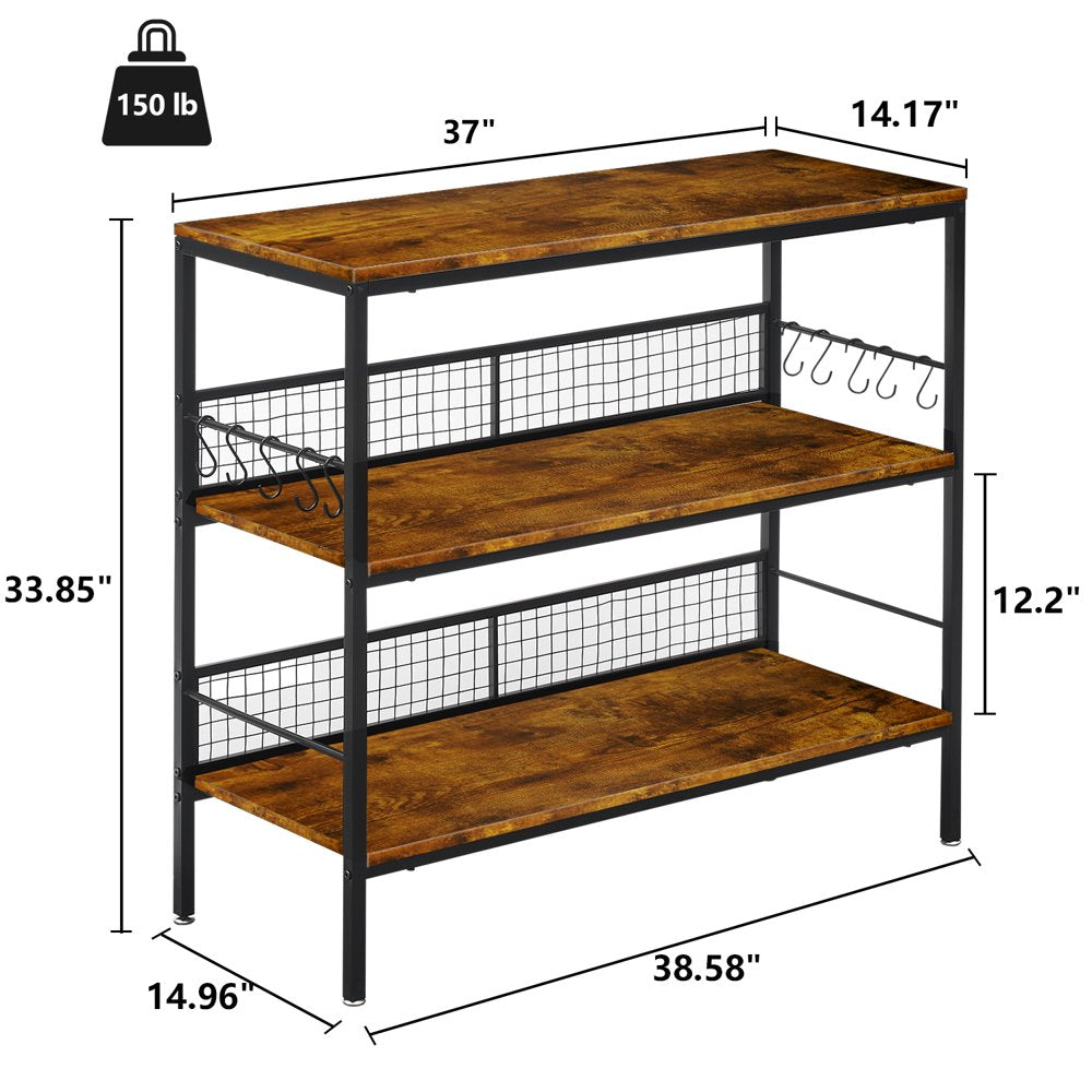 Rolling Kitchen Storage Cart Island with Large Open Shelves and Large Worktop, 3-Tier Kitchen Baker’S Rack with 10 Hooks, Stable Steel Structure and Easy Assembly, Rustic Brown