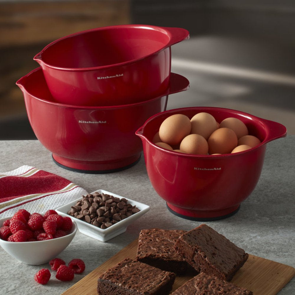 Bpa-Free Plastic Set of 3 Mixing Bowls with Soft Foot in Red