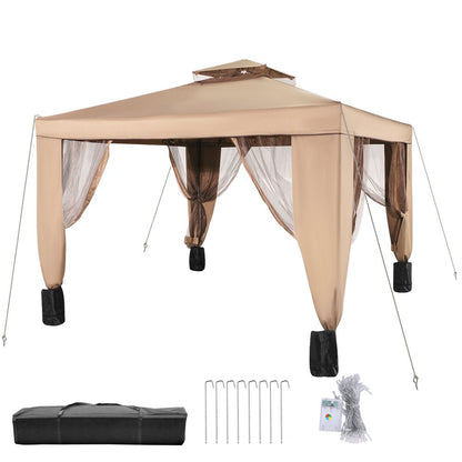 10X10Ft Outdoor Intubated Canopy Gazebo Starter Kit, Equipped with Four Sandbags, Ground Spikes, Netting, Ropes, Carrying Bag - Portable Brown Tent for Backyard, Patio and Lawn, Basic Version