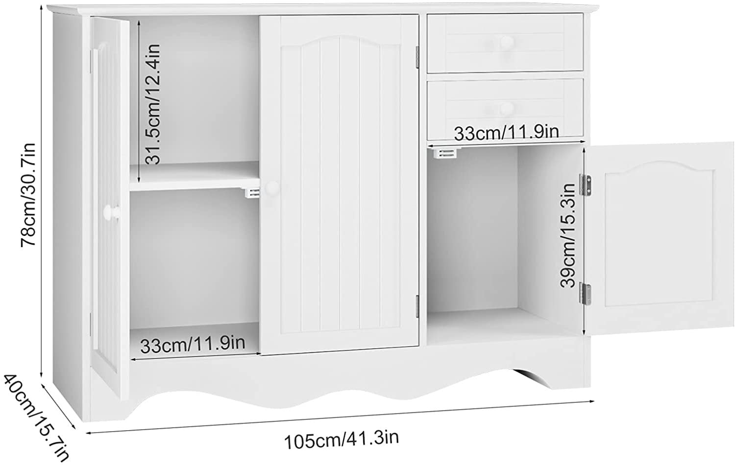 Kitchen Storage Cabinet, White Buffet Server Cupboard, Floor Sideboard Cabinet with 3 Doors and 2 Drawers for Living Room