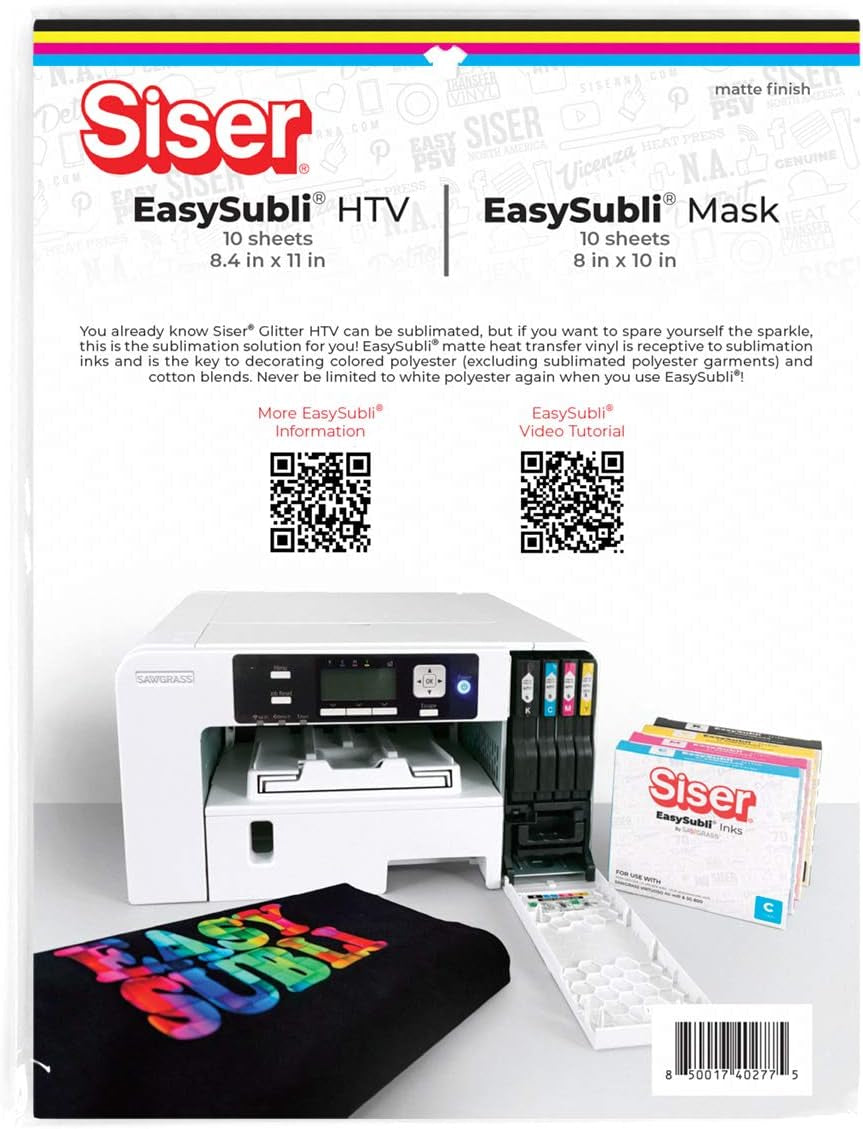 Siser Easysubli HTV - Printable Sublimation Heat Transfer Vinyl - 10 Sheets of Easysubli (8.4"X11") and 10 Sheets of Easysubli Mask (8"X10")