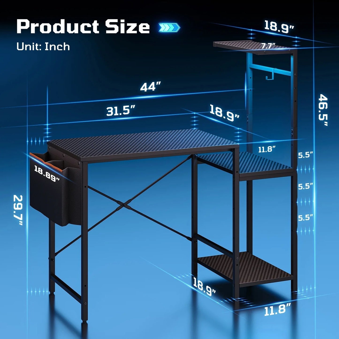 Gaming Desk with LED Lights, 44'' Computer Desk with Reversible Shelves, PC Gamer Desk with Side Storage Bag, Hooks and Height Adjustable Shelf for Home Office, Carbon Fiber Black