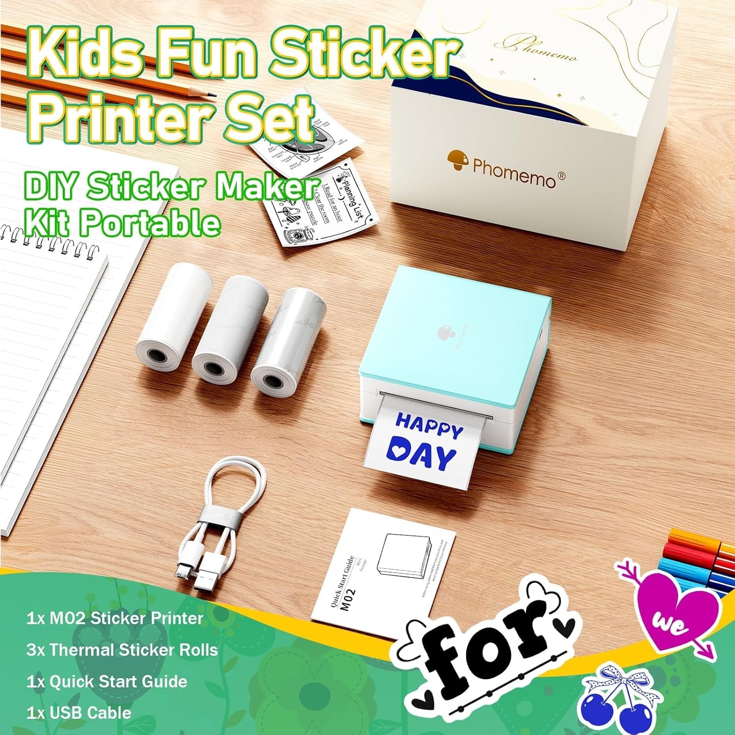 Phomemo Mini Sticker Printer, Mini Printer Sticker Maker Machine M02, Print Pods Pocket Machine for DIY, Study Notes, Diaries, Thermal Small Portable Maker with AI APP for Home/Office/School, Cyan