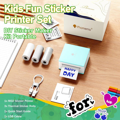 Phomemo Mini Sticker Printer, Mini Printer Sticker Maker Machine M02, Print Pods Pocket Machine for DIY, Study Notes, Diaries, Thermal Small Portable Maker with AI APP for Home/Office/School, Cyan