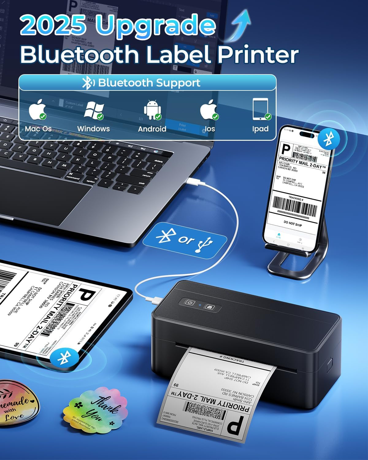 Bluetooth Thermal Shipping Label Printer, 4X6 Thermal Label Printer for Small Business, 2410BT Wireless Label Printers Compatible with Ios Android Phone&Pad&Pc, Widely Used for Ebay, USPS, Fedex, Etc