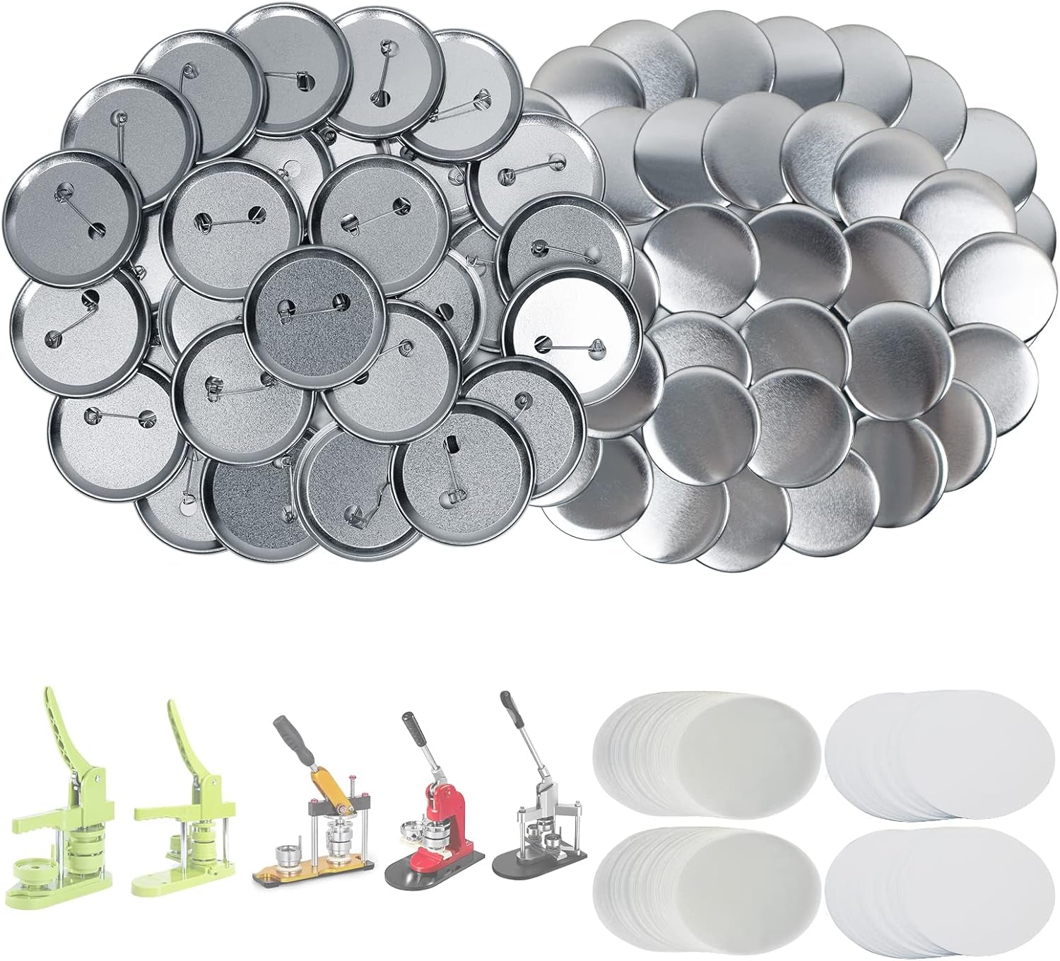 200 Sets 2.25 Inch Button Maker Supplies, 58Mm Button Supplies Parts Badge Part, Buttons Making Supplies, Includes Metal Pin Back Cover, Metal Shells, Blank Paper&Clear Film