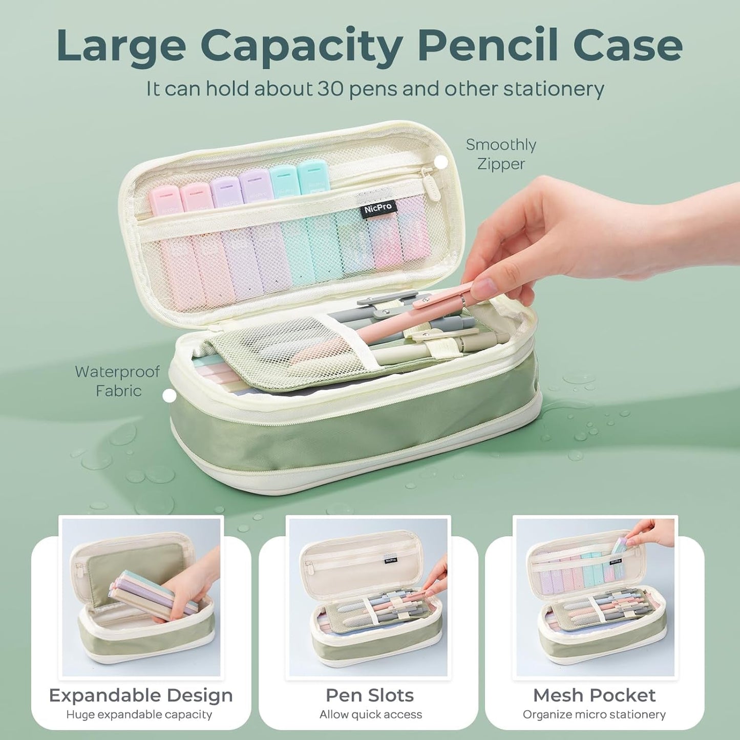 Nicpro 39 PCS Aesthetic School Supplies with Cute Pencil Case, 12 Color Pastel Highlighters, 5 Quick Dry Retractable Black Ink Pens, 6 Pastel Mechanical Pencil 0.5 & 0.7 Mm for Student Stationary