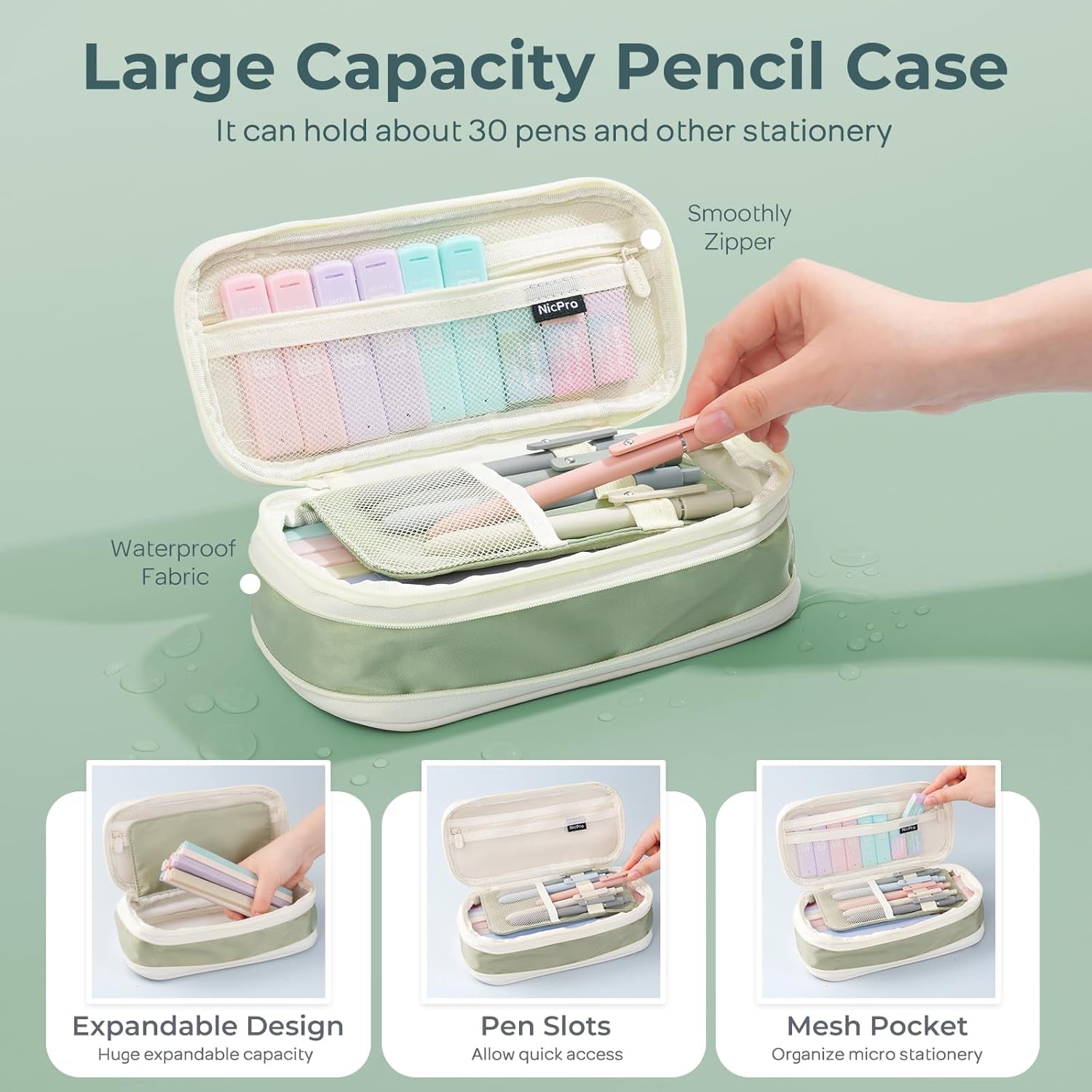 Nicpro 39 PCS Aesthetic School Supplies with Cute Pencil Case, 12 Color Pastel Highlighters, 5 Quick Dry Retractable Black Ink Pens, 6 Pastel Mechanical Pencil 0.5 & 0.7 Mm for Student Stationary
