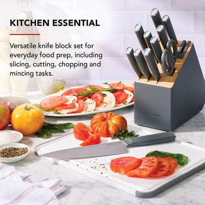Classic 12-Piece Japanese Steel Knife Block Set with Built-In Knife Sharpener, Charcoal Gray