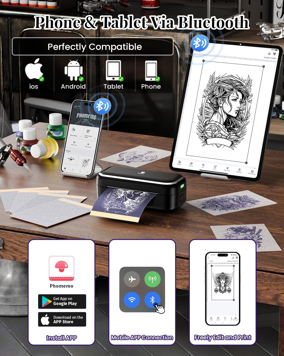 Phomemo Tattoo Stencil Printer -TP31 Mini Tattoo Maker with 30Pcs Transfer Paper,Small Portable Tattoo Machine for Beginners/Enthusiast/Artists,Easy to Use with Smartphone,Pad- Black