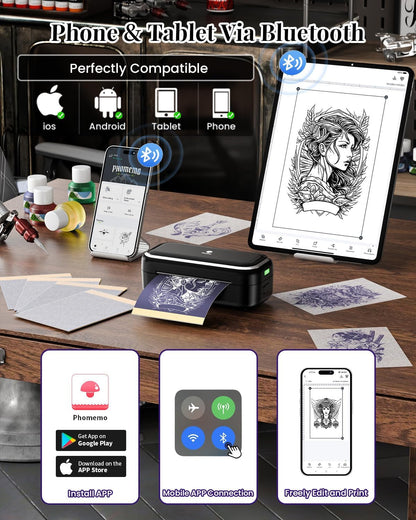 Phomemo Tattoo Stencil Printer -TP31 Mini Tattoo Maker with 30Pcs Transfer Paper,Small Portable Tattoo Machine for Beginners/Enthusiast/Artists,Easy to Use with Smartphone,Pad- Black