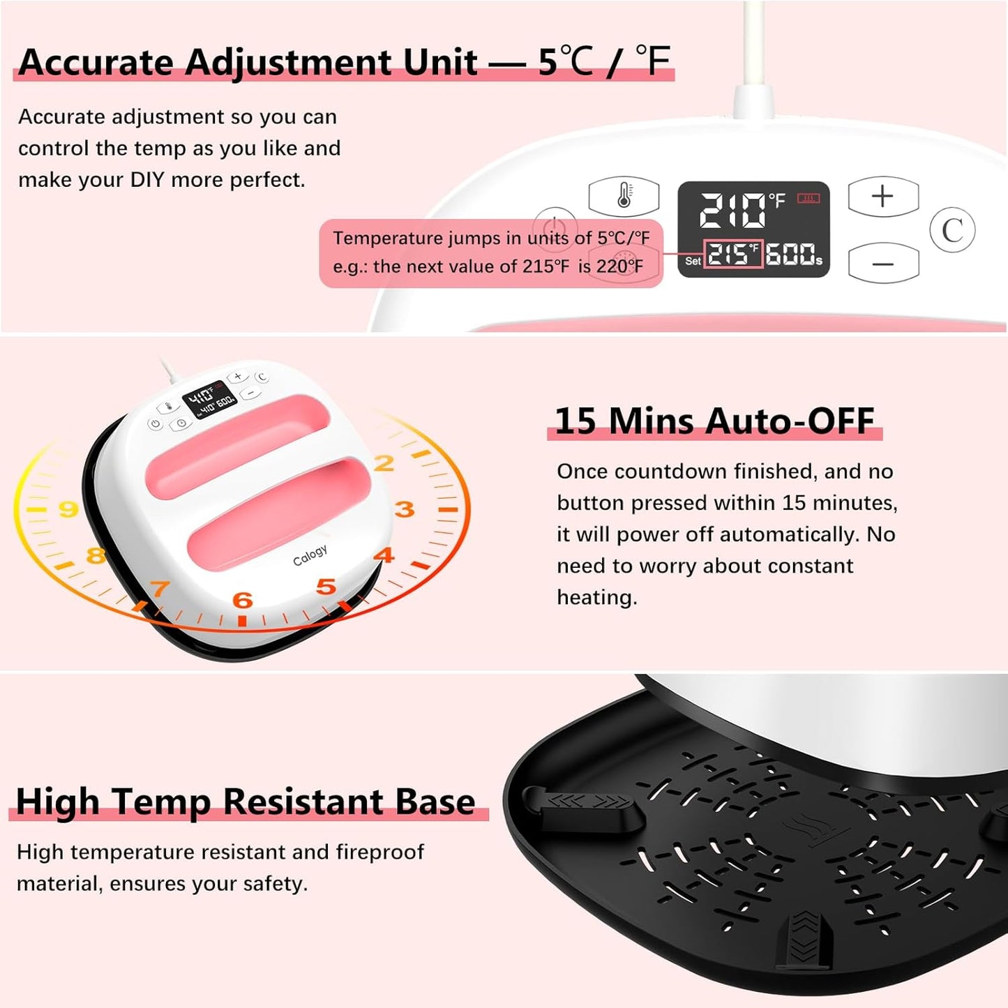 Calogy Heat Press Machine for T-Shirts 10"X10", Portable Heat Press Fast up to 410℉(210 ºc), Precise Temp Control, 15 Mins Auto off for Bag, Pillows, Sublimation Vinly Transfer(White Pink, 10 X 10 In)