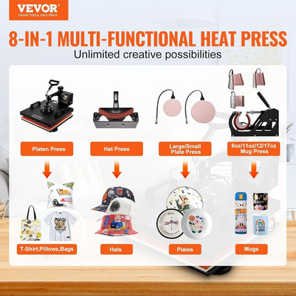 Heat Press 15X15 Inch, 8 in 1 Heat Press Machine, 360° Swing Away Tshirt Press Machine Digital Control, Multifunctional Clamshell Heat Transfer Machine Sublimation for T-Shirt Hat Cap Mug Plate