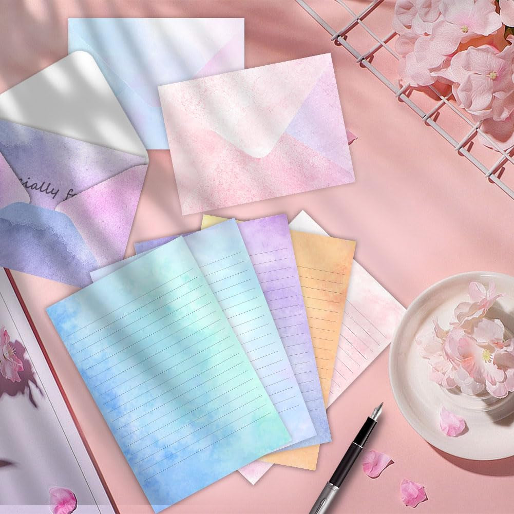 72 Pieces Stationery Set with Envelopes (48 Lined Watercolor Sheets + 24 Matching Envelopes), 8 Unique Designs, 5.5 X 8.25 Inch Double Sided Printing Stationery Paper for Letter Writing